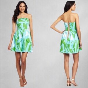 Lilly Pulitzer Sundress Size 12 Strapless Bodice Green Blue Palm Cotton Lined